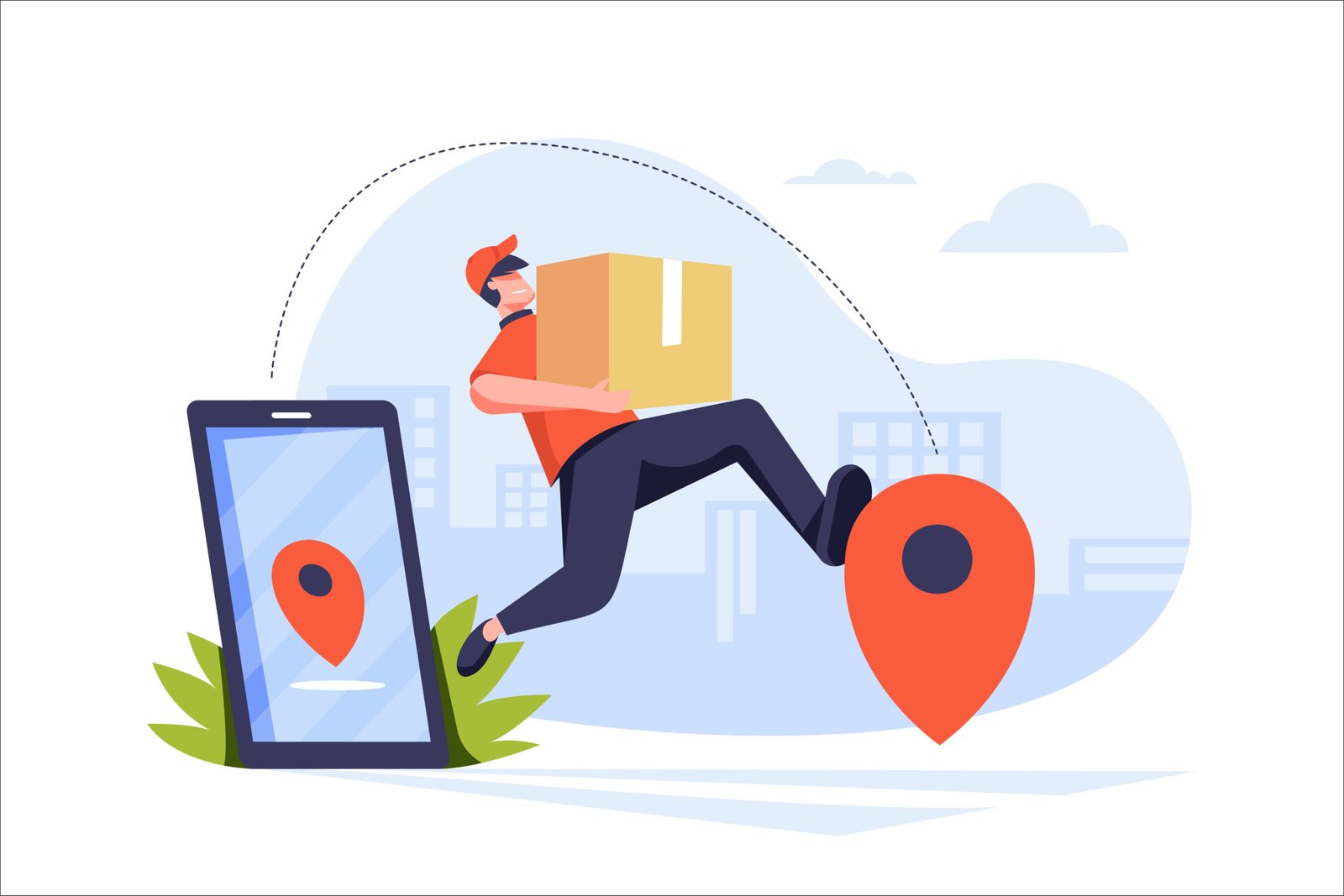 Parcel send to location pins on mobile phone by delivery man